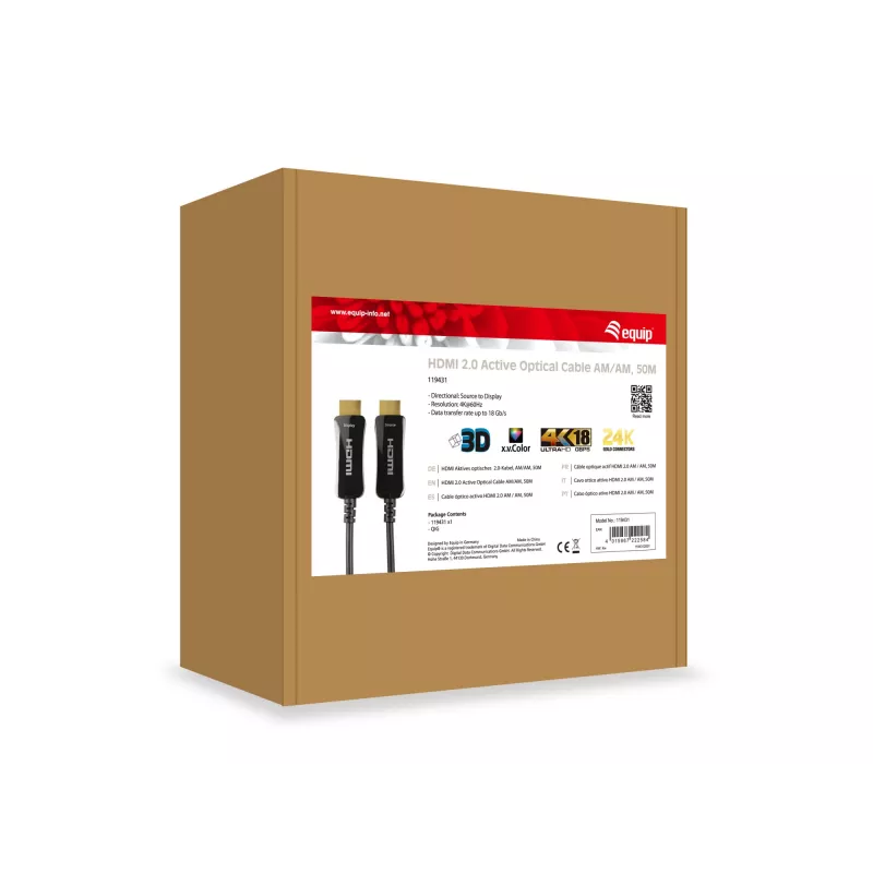 Equip HDMI 2.0 Active Optical kabelis AM/AM, 50 m, 4K/60Hz, 50 m, HDMI Type A (Standard), HDMI Type A (Standard), 3D, Juoda