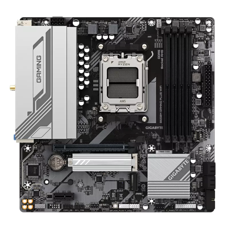 GIGABYTE B650M GAMING PLUS WIFI Motininė plokštė – AMD Ryzen 9000 procesoriams, 5+2+2 fazių VRM, iki 8000MHz DDR5, 2xPCIe 4.0 M.2, 2.5GbE LAN, WIFI 6E, USB 3.2 Gen 1