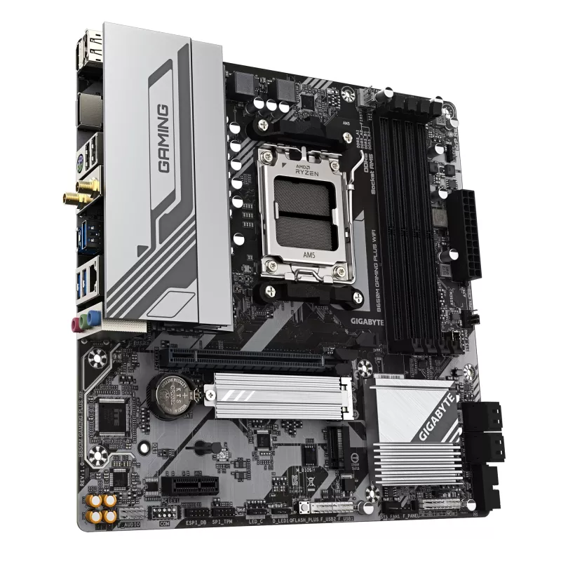 GIGABYTE B650M GAMING PLUS WIFI Motininė plokštė – AMD Ryzen 9000 procesoriams, 5+2+2 fazių VRM, iki 8000MHz DDR5, 2xPCIe 4.0 M.2, 2.5GbE LAN, WIFI 6E, USB 3.2 Gen 1
