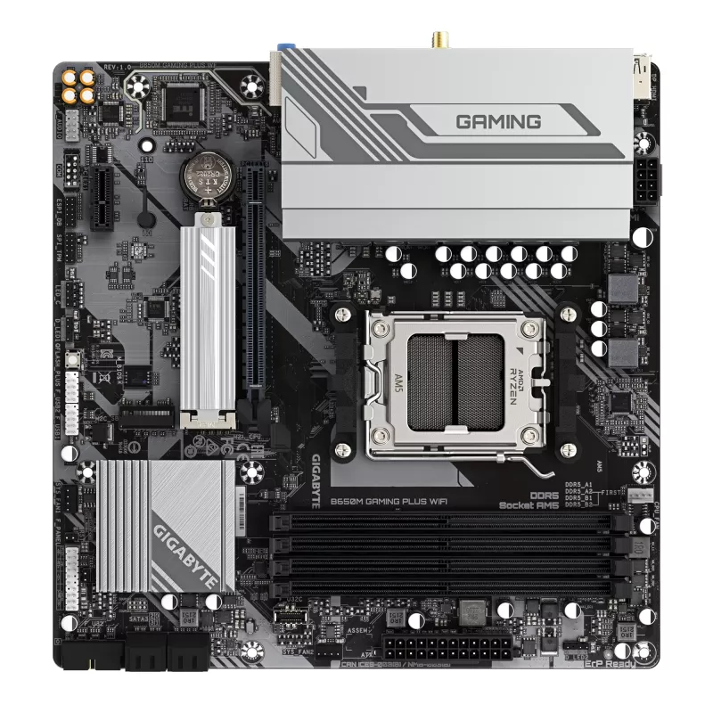 GIGABYTE B650M GAMING PLUS WIFI Motininė plokštė – AMD Ryzen 9000 procesoriams, 5+2+2 fazių VRM, iki 8000MHz DDR5, 2xPCIe 4.0 M.2, 2.5GbE LAN, WIFI 6E, USB 3.2 Gen 1