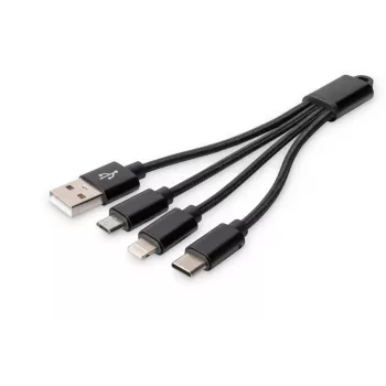 DIGITUS USB įkrovimo laidas USB A - Lightning+micro B+Type-C M/M/M/M 15cm 3 viename laidas, medvilnė, CE, juodas