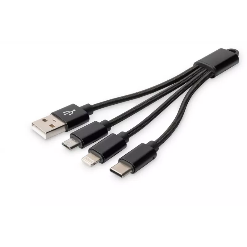 DIGITUS USB įkrovimo laidas USB A - Lightning+micro B+Type-C M/M/M/M 15cm 3 viename laidas, medvilnė, CE, juodas