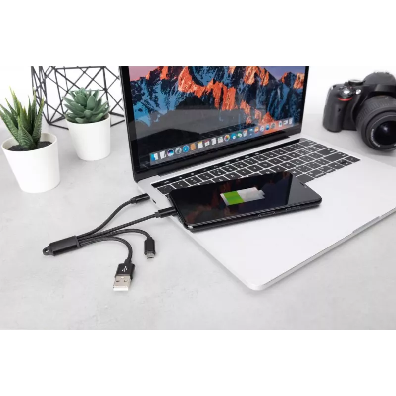 DIGITUS USB įkrovimo laidas USB A - Lightning+micro B+Type-C M/M/M/M 15cm 3 viename laidas, medvilnė, CE, juodas