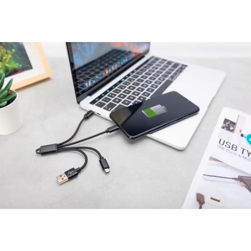 DIGITUS USB įkrovimo laidas USB A - Lightning+micro B+Type-C M/M/M/M 15cm 3 viename laidas, medvilnė, CE, juodas