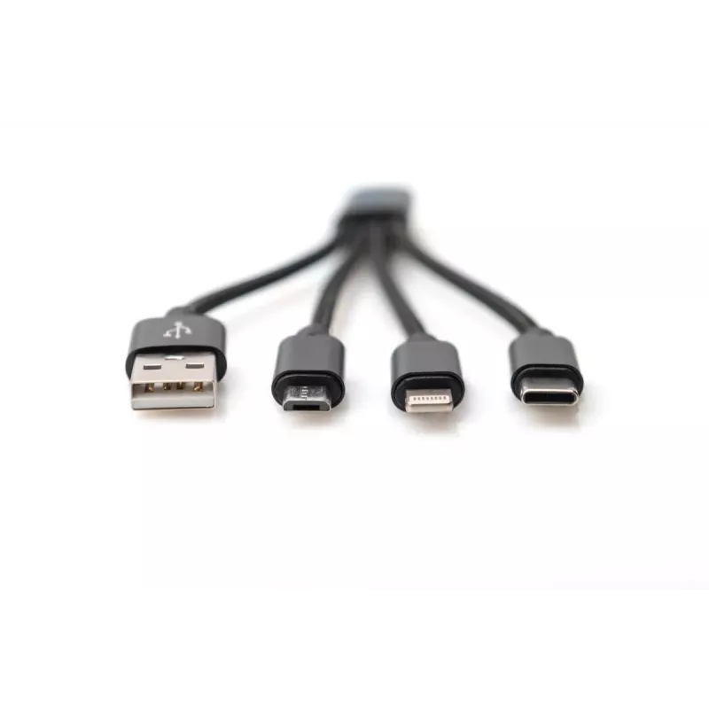 DIGITUS USB įkrovimo laidas USB A - Lightning+micro B+Type-C M/M/M/M 15cm 3 viename laidas, medvilnė, CE, juodas