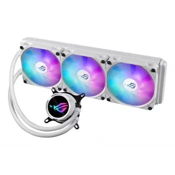 Skysčio aušinimo rinkinys ASUS ROG Strix LC III 360 ARGB White Edition — 360 mm radiatorius, 3x 120 mm ARGB ventiliatoriai, LCD ekranas, varinis pagrindas