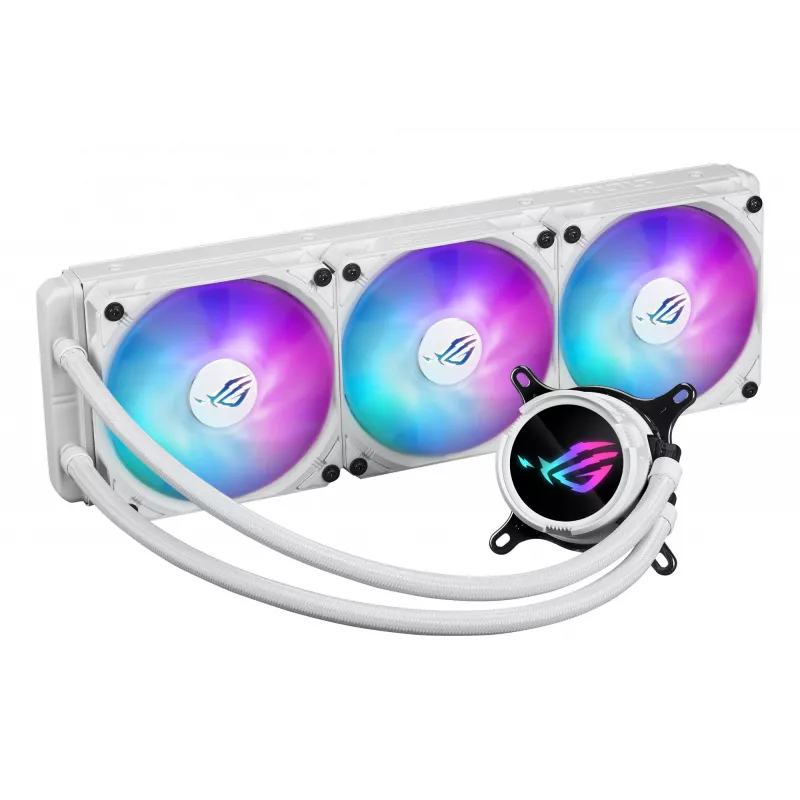 Skysčio aušinimo rinkinys ASUS ROG Strix LC III 360 ARGB White Edition — 360 mm radiatorius, 3x 120 mm ARGB ventiliatoriai, LCD ekranas, varinis pagrindas