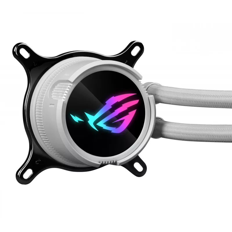 Skysčio aušinimo rinkinys ASUS ROG Strix LC III 360 ARGB White Edition — 360 mm radiatorius, 3x 120 mm ARGB ventiliatoriai, LCD ekranas, varinis pagrindas