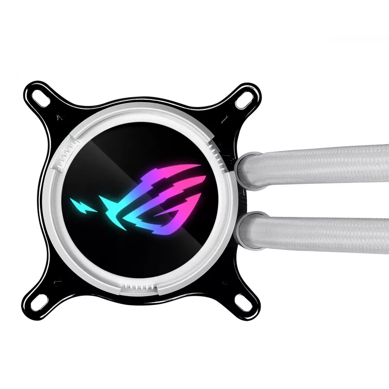 Skysčio aušinimo rinkinys ASUS ROG Strix LC III 360 ARGB White Edition — 360 mm radiatorius, 3x 120 mm ARGB ventiliatoriai, LCD ekranas, varinis pagrindas