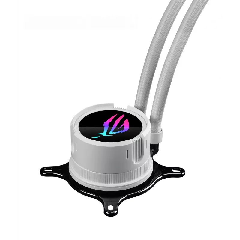 Skysčio aušinimo rinkinys ASUS ROG Strix LC III 360 ARGB White Edition — 360 mm radiatorius, 3x 120 mm ARGB ventiliatoriai, LCD ekranas, varinis pagrindas