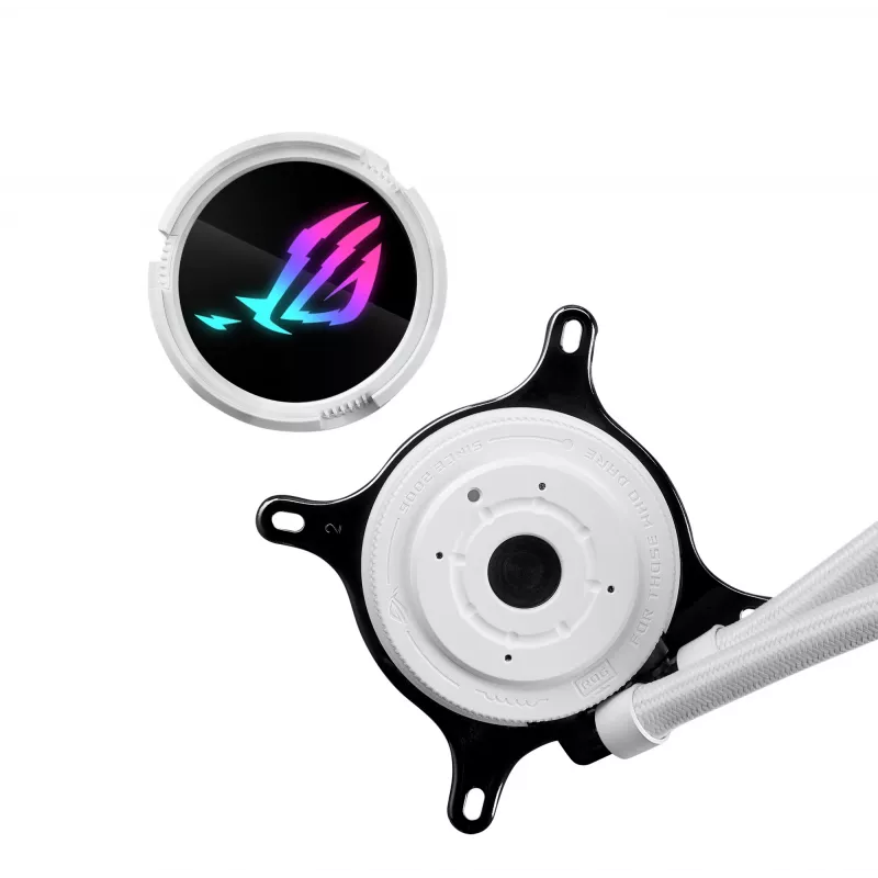 Skysčio aušinimo rinkinys ASUS ROG Strix LC III 360 ARGB White Edition — 360 mm radiatorius, 3x 120 mm ARGB ventiliatoriai, LCD ekranas, varinis pagrindas