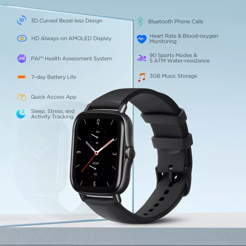 Amazfit GTS 2 4.19 cm (1.65 colio) AMOLED 43 mm Skaitmeninis 348 x 442 pikselių Liečiamas ekranas Juoda Wi-Fi GPS (palydovas)