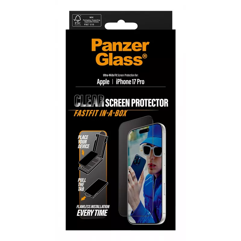 PanzerGlass ® Ekrano apsauga iPhone 17 Pro | Ultra-Wide Fit su FASTFIT IN-A-BOX