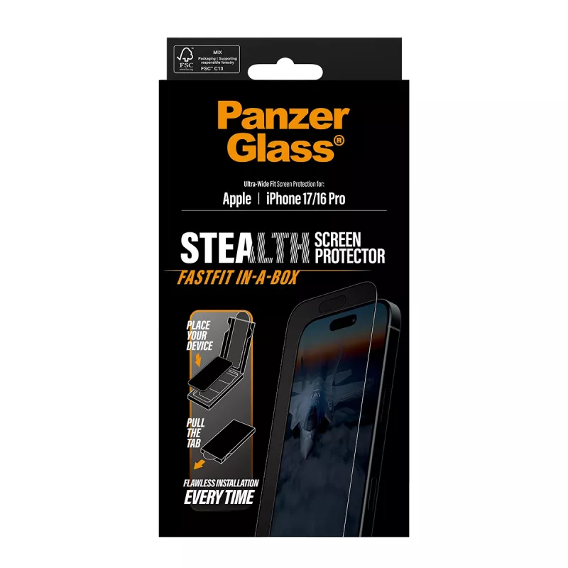 PanzerGlass ® Stealth ekrano apsauga iPhone 17 | iPhone 16 Pro | Ultra-Wide Fit su FASTFIT IN-A-BOX