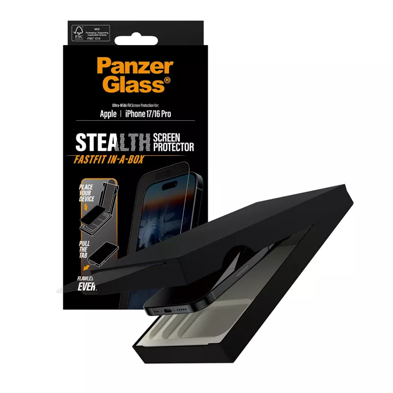 PanzerGlass ® Stealth ekrano apsauga iPhone 17 | iPhone 16 Pro | Ultra-Wide Fit su FASTFIT IN-A-BOX