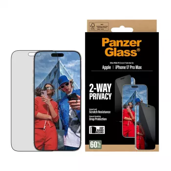 Ekrano apsauga PanzerGlass 2-Way Privacy, skirta iPhone 17 Pro Max — grūdintas stiklas, itin platus pritaikymas, EasyAligner