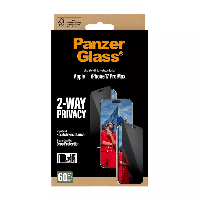 Ekrano apsauga PanzerGlass 2-Way Privacy, skirta iPhone 17 Pro Max — grūdintas stiklas, itin platus pritaikymas, EasyAligner