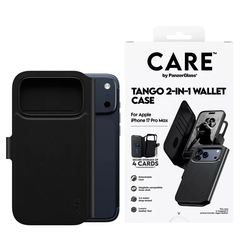 Apsauginis dviejų viename piniginės dangtelis PanzerGlass CARE Feature Case Tango su MagSafe, skirtas iPhone 17 Pro Max, juodas