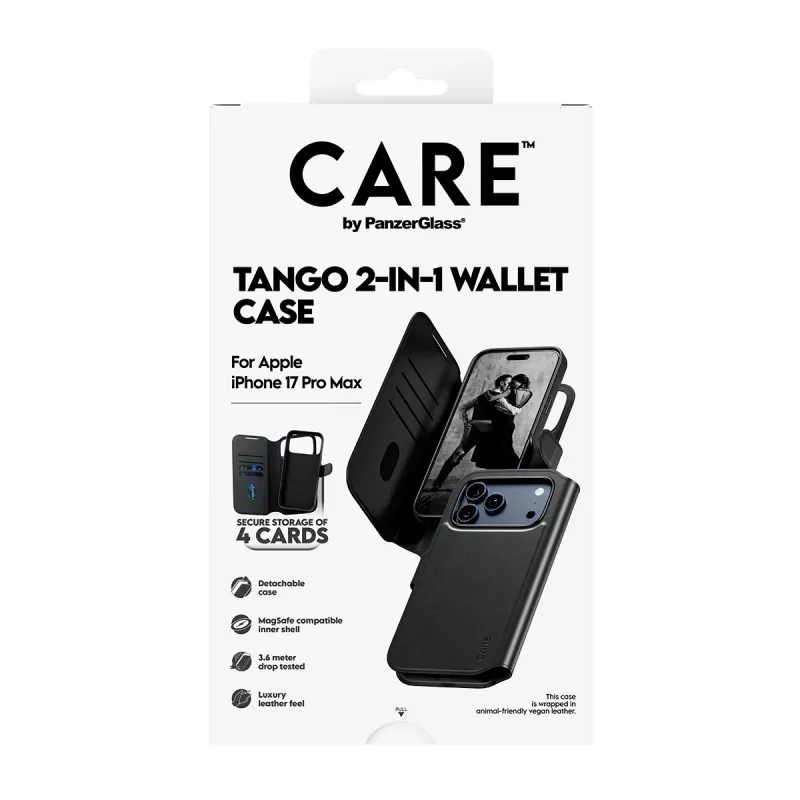 Apsauginis dviejų viename piniginės dangtelis PanzerGlass CARE Feature Case Tango su MagSafe, skirtas iPhone 17 Pro Max, juodas