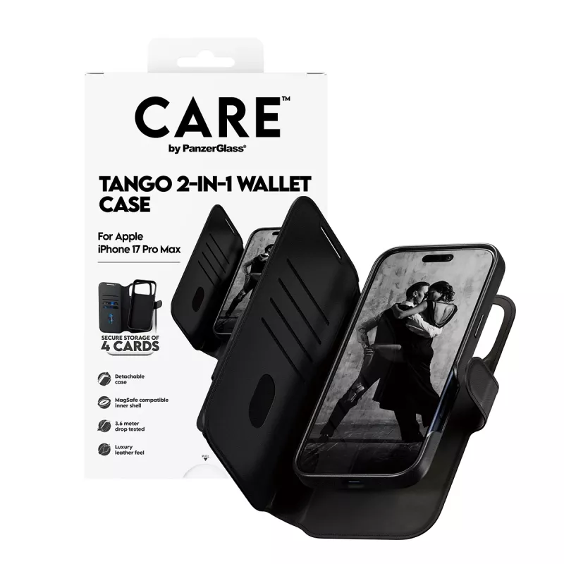 Apsauginis dviejų viename piniginės dangtelis PanzerGlass CARE Feature Case Tango su MagSafe, skirtas iPhone 17 Pro Max, juodas