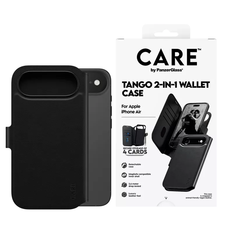 Piniginės dangtelio dėklas PanzerGlass CARE Tango 2-in-1 su MagSafe, skirtas iPhone Air — juodas
