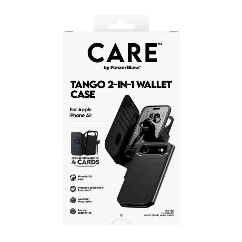Piniginės dangtelio dėklas PanzerGlass CARE Tango 2-in-1 su MagSafe, skirtas iPhone Air — juodas