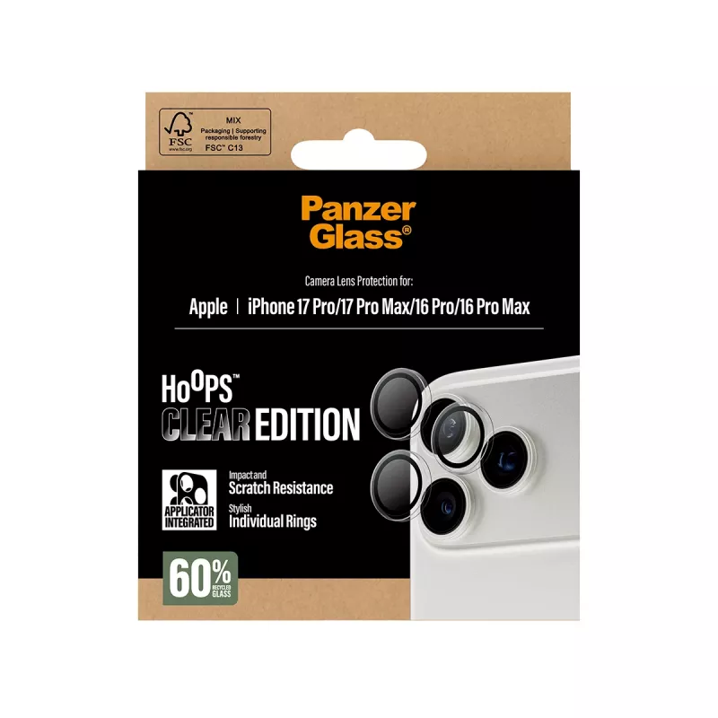 Fotoaparato objektyvo apsauga PanzerGlass Hoops Skaidri, skirta iPhone 17 Pro / 17 Pro Max / 16 Pro / 16 Pro Max, grūdintas stiklas, silikonas, 1 vnt.