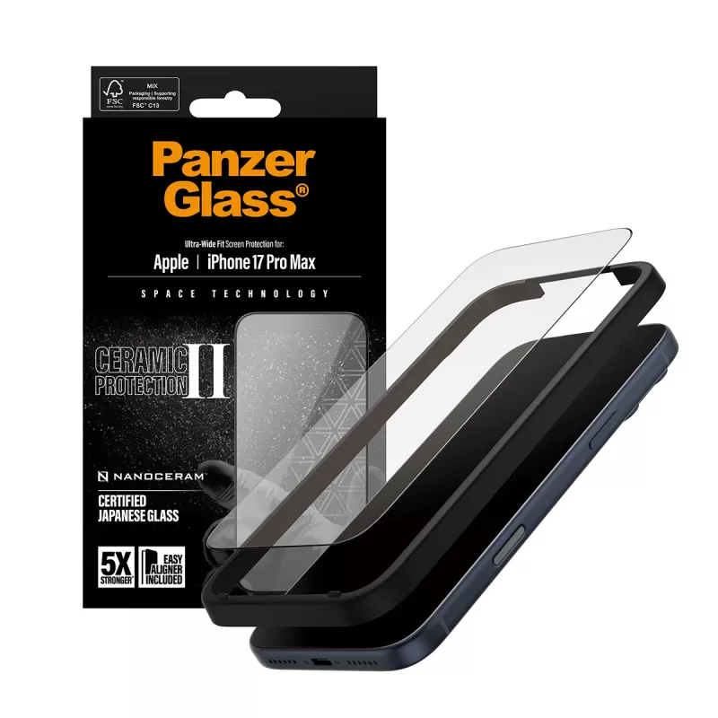 PanzerGlass® Ceramic II ekrano apsauga iPhone 17 Pro Max | Itin platus pritaikymas su EasyAligner