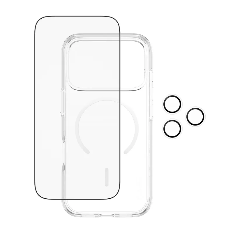 Ekrano apsaugos rinkinys PanzerGlass CARE 3-in-1 Flagship Explorer, skirtas iPhone 17 Pro — grūdintas stiklas, PET, silikonas, skaidrus