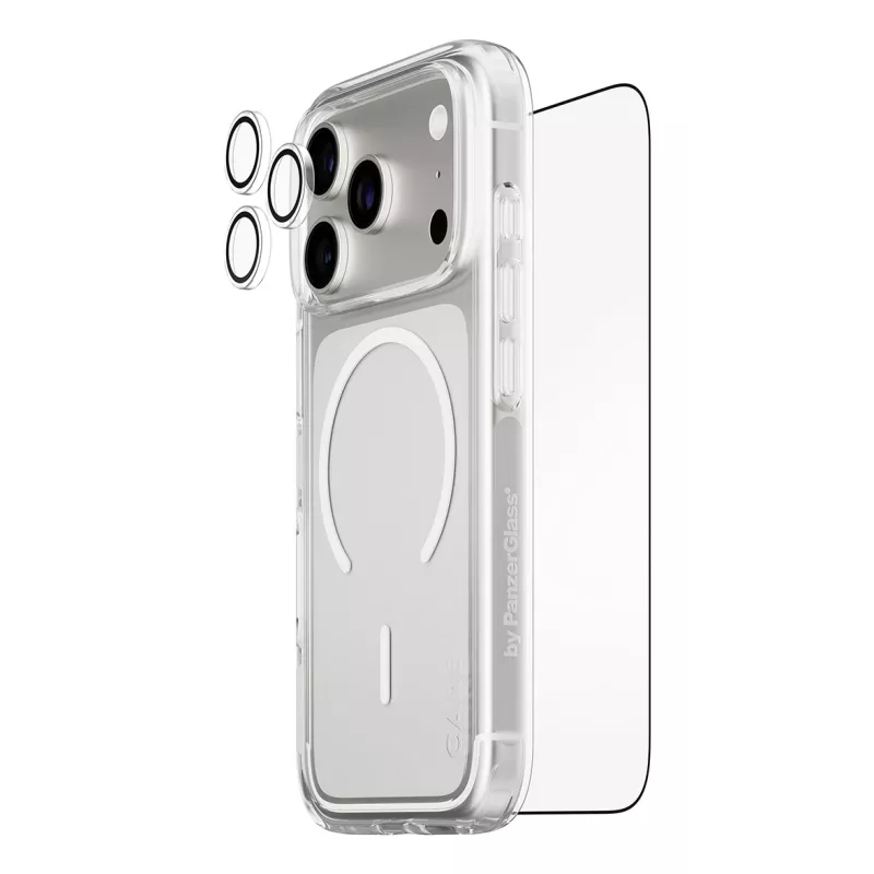 Ekrano apsaugos rinkinys PanzerGlass CARE 3-in-1 Flagship Explorer, skirtas iPhone 17 Pro — grūdintas stiklas, PET, silikonas, skaidrus