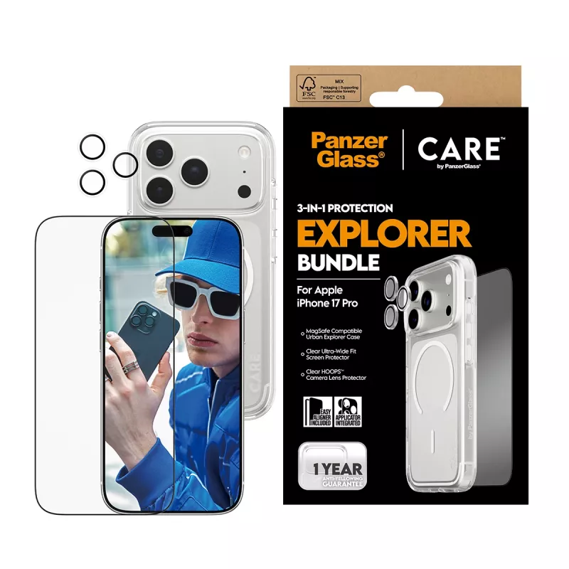 Ekrano apsaugos rinkinys PanzerGlass CARE 3-in-1 Flagship Explorer, skirtas iPhone 17 Pro — grūdintas stiklas, PET, silikonas, skaidrus