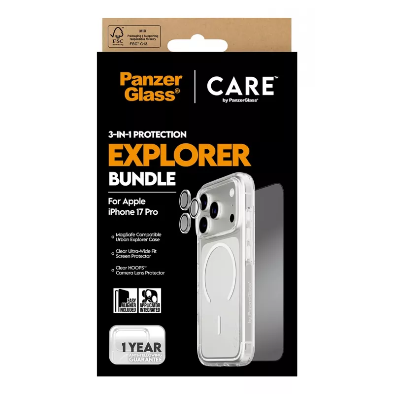 Ekrano apsaugos rinkinys PanzerGlass CARE 3-in-1 Flagship Explorer, skirtas iPhone 17 Pro — grūdintas stiklas, PET, silikonas, skaidrus