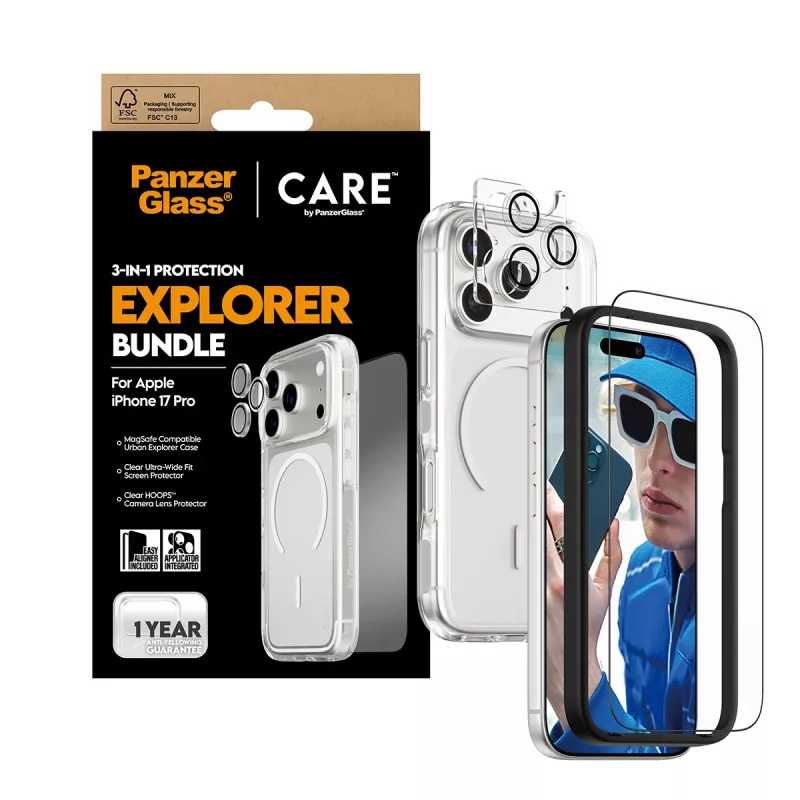 Ekrano apsaugos rinkinys PanzerGlass CARE 3-in-1 Flagship Explorer, skirtas iPhone 17 Pro — grūdintas stiklas, PET, silikonas, skaidrus