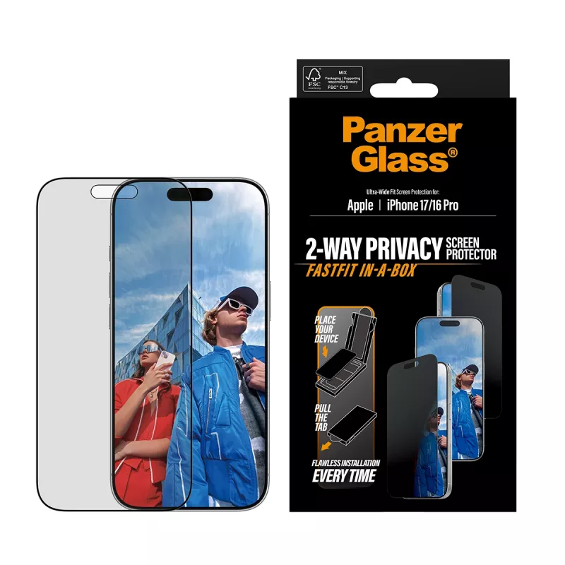 Privatumo ekrano apsauga PanzerGlass, skirta iPhone 17 / iPhone 16 Pro — itin platus pritaikymas, grūdintas stiklas + PET, FASTFIT