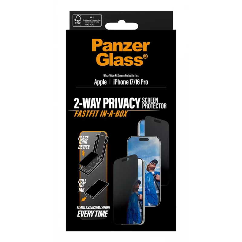 Privatumo ekrano apsauga PanzerGlass, skirta iPhone 17 / iPhone 16 Pro — itin platus pritaikymas, grūdintas stiklas + PET, FASTFIT