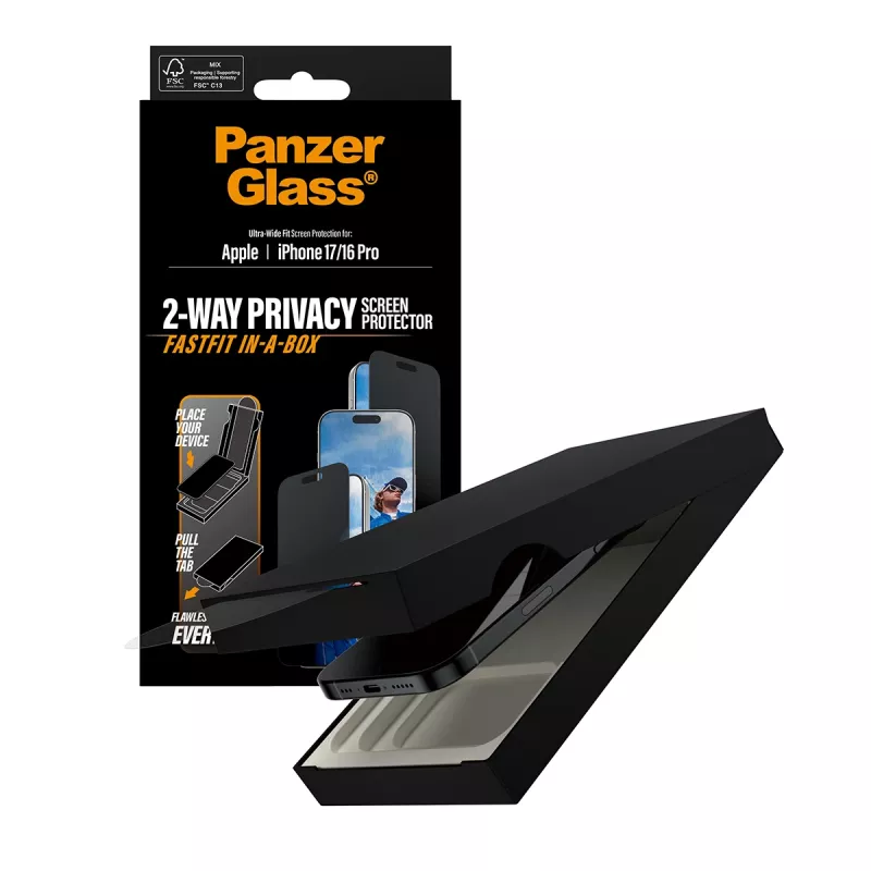 Privatumo ekrano apsauga PanzerGlass, skirta iPhone 17 / iPhone 16 Pro — itin platus pritaikymas, grūdintas stiklas + PET, FASTFIT