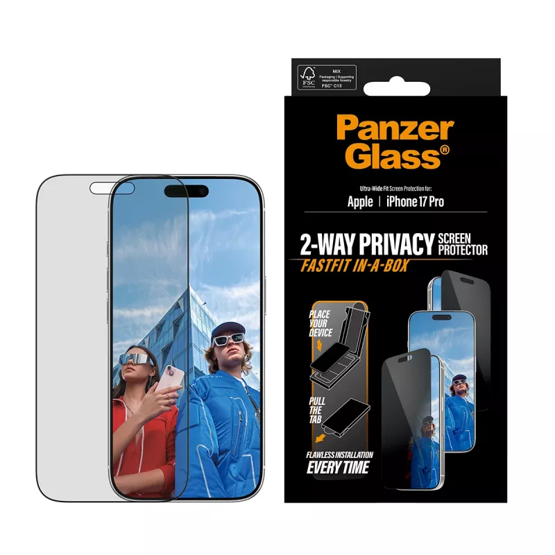 Ekrano apsauga PanzerGlass 2-Way Privacy, skirta iPhone 17 Pro — Ultra-Wide Fit, grūdintas stiklas, privatumo filtras, FASTFIT