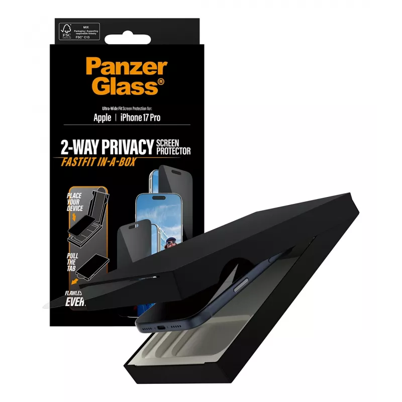 Ekrano apsauga PanzerGlass 2-Way Privacy, skirta iPhone 17 Pro — Ultra-Wide Fit, grūdintas stiklas, privatumo filtras, FASTFIT