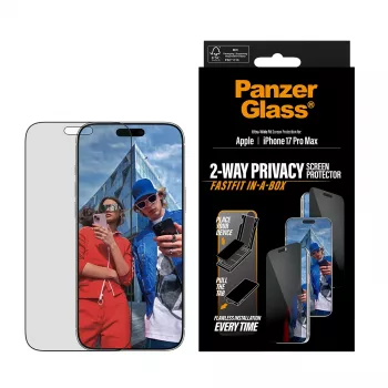 Stiklo apsauga PanzerGlass 2-Way Privacy skirtas iPhone 17 Pro Max — Grūdintas stiklas, itin platus pritaikymas, FASTFIT