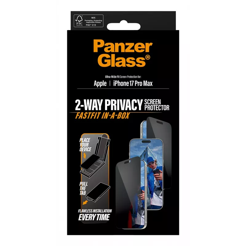 Stiklo apsauga PanzerGlass 2-Way Privacy skirtas iPhone 17 Pro Max — Grūdintas stiklas, itin platus pritaikymas, FASTFIT