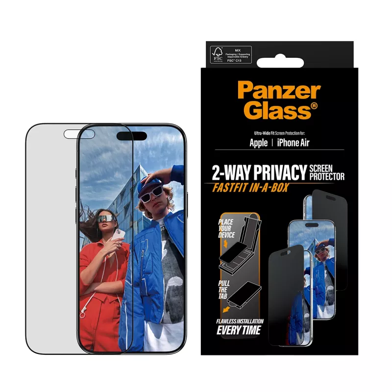 Ekrano apsauga PanzerGlass Privacy, skirta iPhone Air — grūdintas stiklas, itin platus pritaikymas, privatumo filtras, FASTFIT