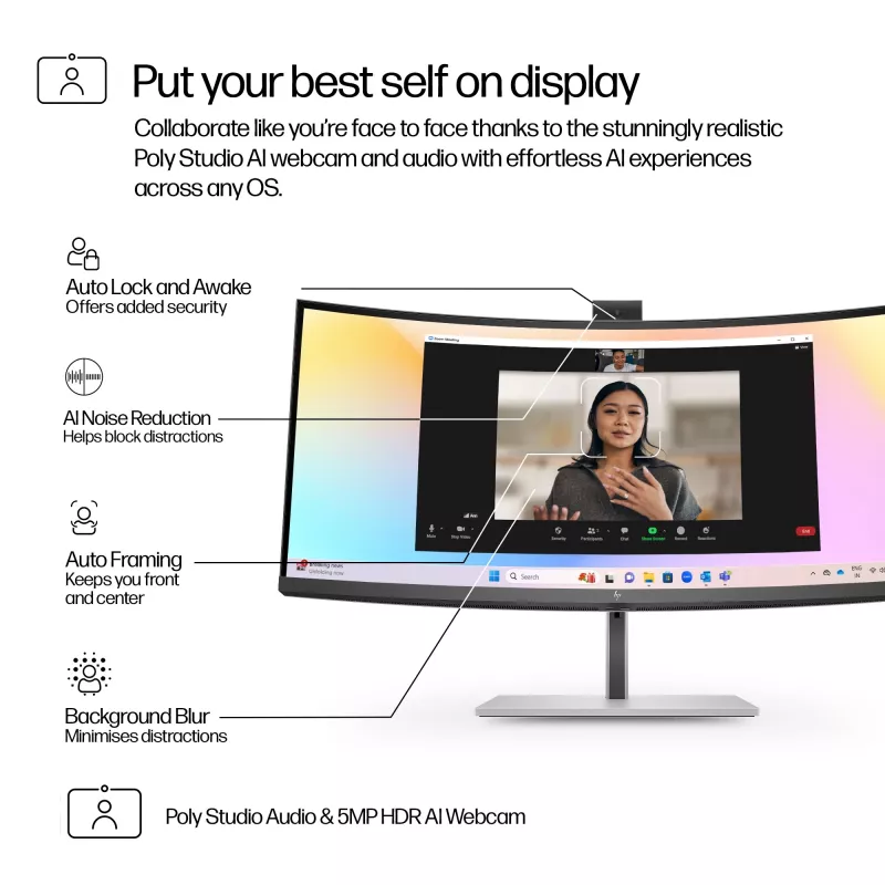 HP Series 7 Pro 34 colių WQHD konferencinis monitorius - 734pm, 86,4 cm (34 colių), 3440 x 1440 pikselių, Wide Quad HD, LCD, 5 ms, juoda, sidabrinė