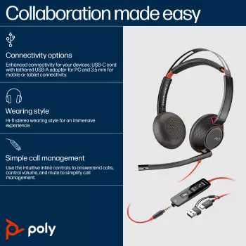 HP Poly Blackwire 5220 Stereo USB-C ausinės + 3,5 mm kištukas + USB-C/A adapteris