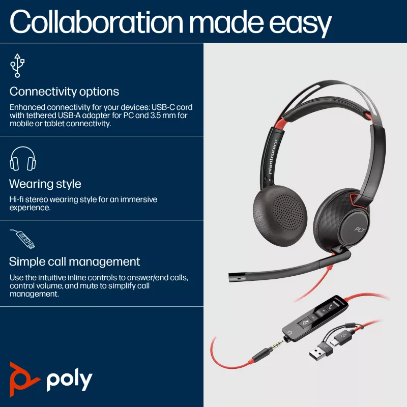 HP Poly Blackwire 5220 Stereo USB-C ausinės + 3,5 mm kištukas + USB-C/A adapteris