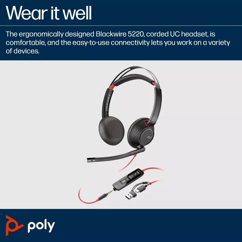 HP Poly Blackwire 5220 Stereo USB-C ausinės + 3,5 mm kištukas + USB-C/A adapteris