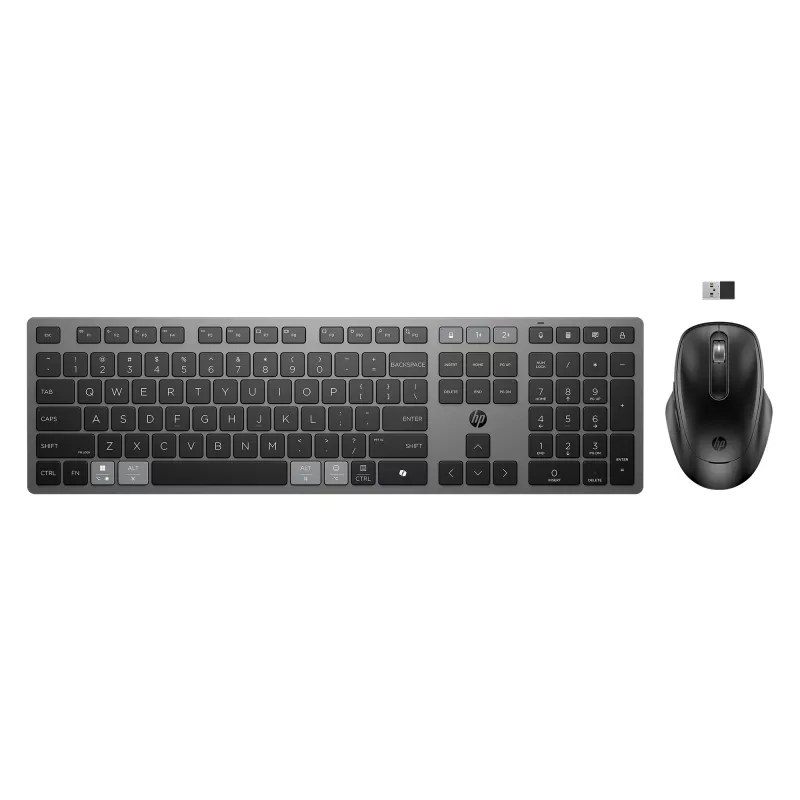 HP 725 kelių įrenginių belaidė klaviatūra ir pelė su įkrovimu, pilno dydžio, belaidis Bluetooth, žirklinis jungiklis
