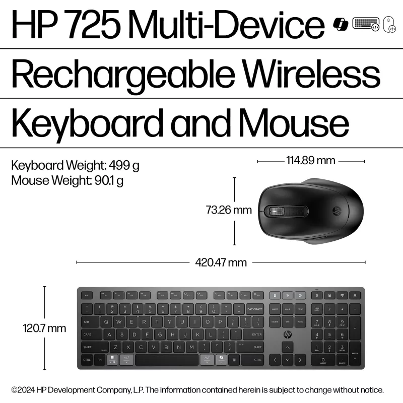 HP 725 kelių įrenginių belaidė klaviatūra ir pelė su įkrovimu, pilno dydžio, belaidis Bluetooth, žirklinis jungiklis
