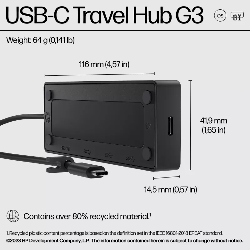 HP USB-C Travel Hub G3, laidinis, USB 3.2 Gen 2 (3.1 Gen 2) Type-C, 60 Hz, HDMI, USB 3.2 Gen 2 (3.1 Gen 2) Type-A, USB 3.2 Gen 2 (3.1 Gen 2) Type-C, Vietnam, USB-C