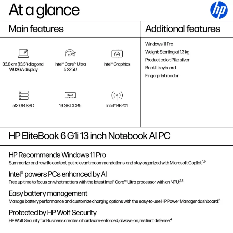HP EliteBook 6 G1i AI PC Intel Core Ultra 5 225U nešiojamas kompiuteris 33,8 cm (13,3 colio) WUXGA 16 GB DDR5-SDRAM Wi-Fi 7 (802.11be) Windows 11 Pro sidabrinis