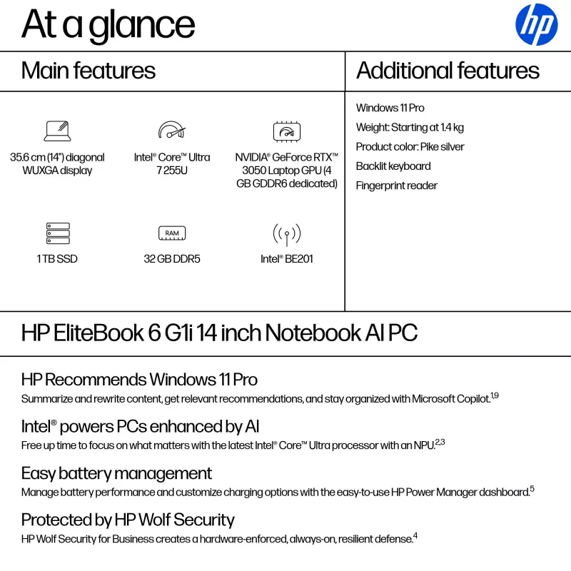 HP EliteBook 6 G1i AI Intel Core Ultra 7 255U nešiojamas kompiuteris 35,6 cm (14 colių) WUXGA 32 GB DDR5-SDRAM Wi-Fi 7 (802.11be) Windows 11 Pro AI PC sidabrinis
